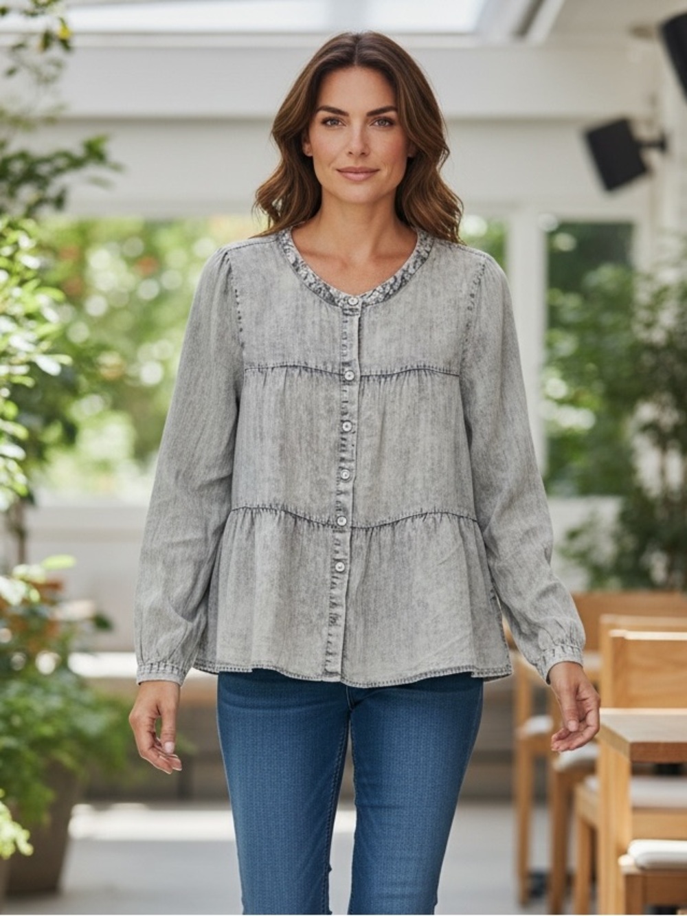 NWT Jane + Delancey Acid Wash Chambray Peplum Blouse Size L